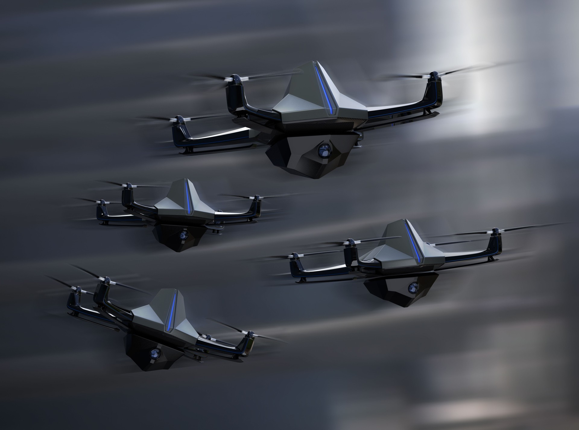 Surveillance drones fleet flying in the sky